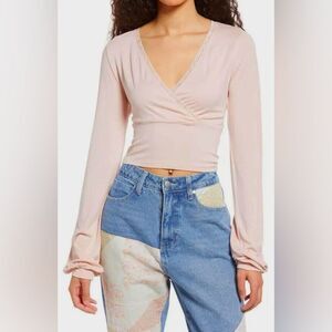 BP Nordstrom Crop Faux Wrap Front Lace Trim Long Sleeve Top Pink XS